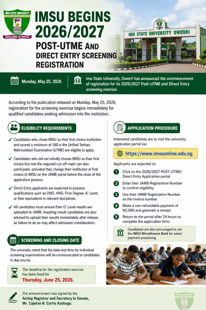 IMSU Begins 2026/2027 Post-UTME and Direct Entry Screening Registration by e15de36f e57f 4d7a 9acd dc724488d622